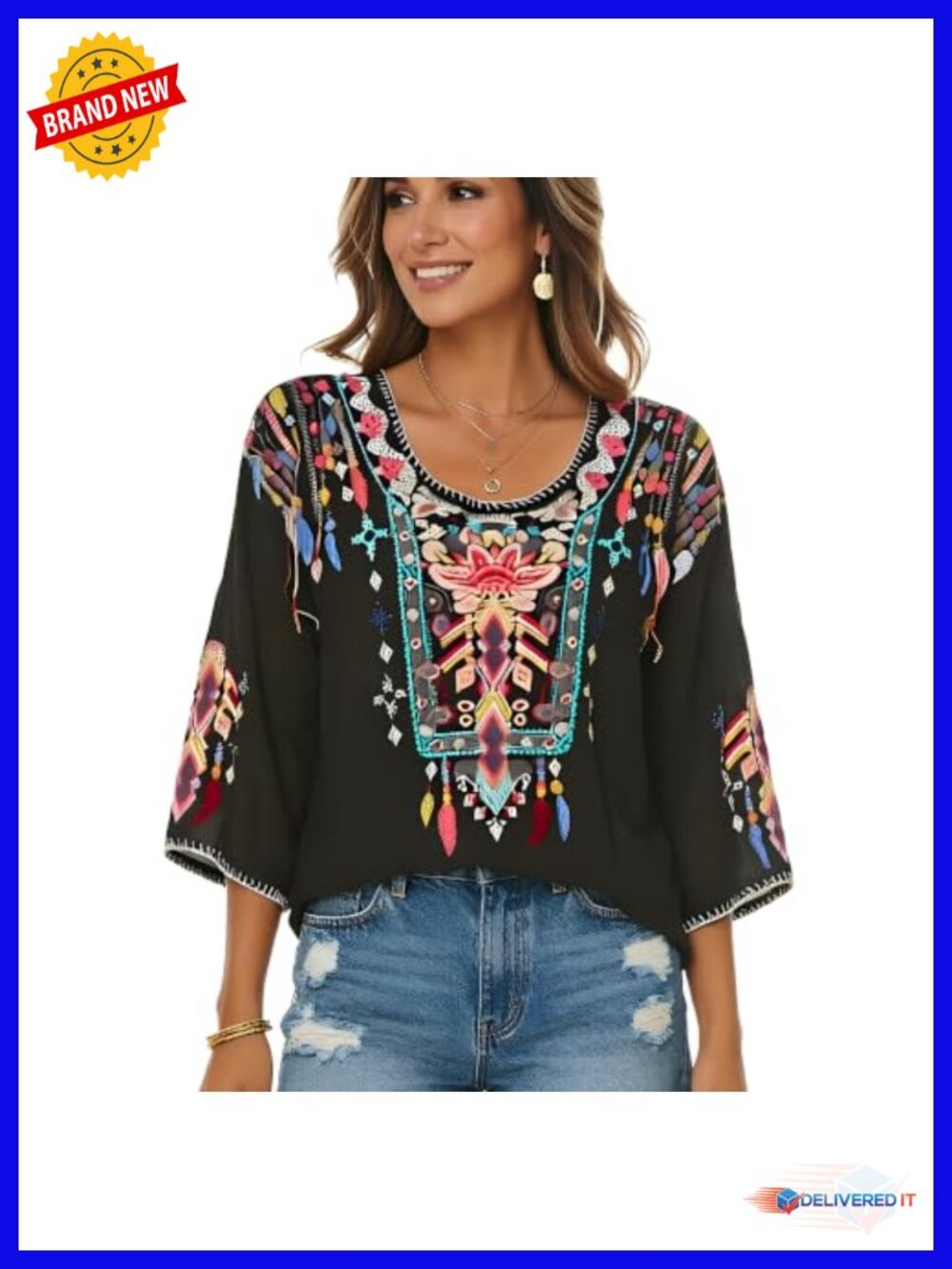 Women's Mexican Embroidered Tunic Blouse Boho Peasant Fiesta Shirt 3/4 Sleeve